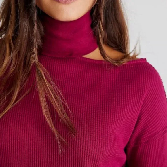 NEW Free People Just For You Cutout Shoulder Mock Neck Thermal Top Wine $98 S - Picture 5 of 11